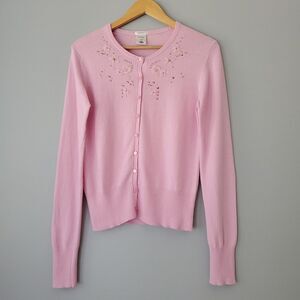 Old Navy Pink Floral Sequin Long Sleeve Button Up Cardigan Sweater Womens Medium
